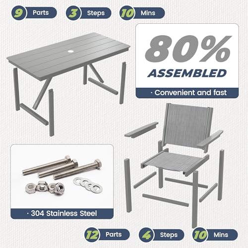 Image of 7 Piece HDPE Patio Dining Set, All-Weather Outdoor Table and Chair Sets with Umbrella Hole Outdoor Dining Table Sets of 6 Textilene Fabric Patio Chairs for Backyard, Poolside, Garden, Deck(Gray)