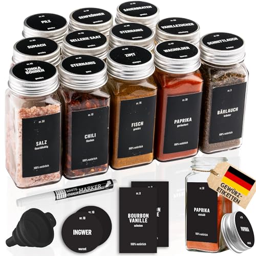 Deco haus® Gewürzgläser eckig mit Schraubkappe 12er Set [+Etiketten & Streueinsatz] - Gewürzdosen Set Glas - Gewürzbehälter Spice Jars - Gewürze Aufbewahrung - Behälter für Gewürze Gewürzaufbewahrung