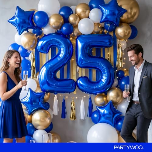 Image of PartyWoo Royal Blue Number 2 Balloon 40 Inch 25pcs Blue Star White Gold