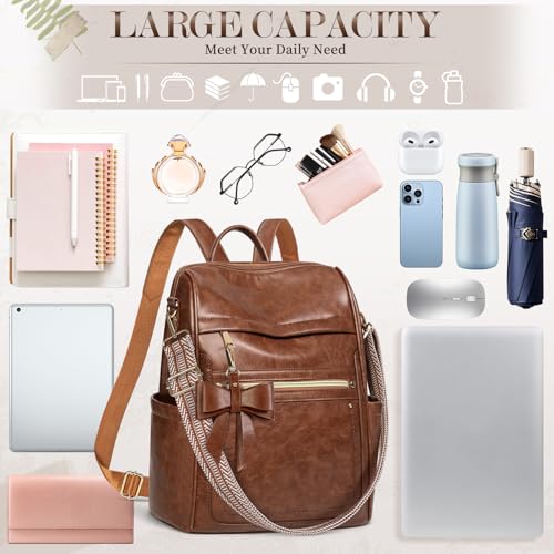 Image of RAINSMORE Backpack Purse for Women, Waterproof Leather Backpack Purse Lightweight Travel Fashion Backpack Convertible Designer Ladies Shoulder Bag with Bow, Brown