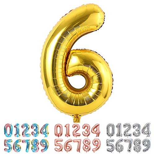 Ponmoo Foil Globo Número 6 Dorado, Gigante Numeros 0 1 2 3 4 5 6 7 8 9 10-19 20-29 30 40 50 60 70 80 90 100, Grande Globos para La Boda Aniversario, Globo de Cumpleaños Fiesta Decoración