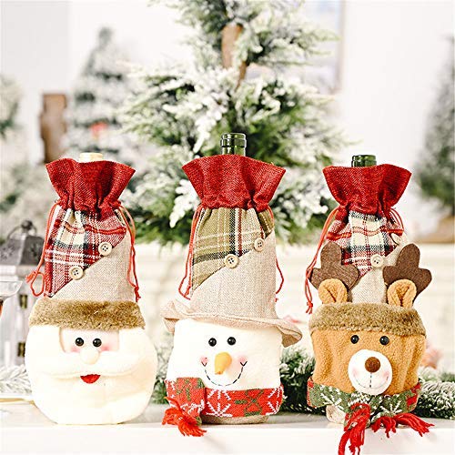 GYC 3 uds Suministros de decoración navideña Botones de Lino celosía Cubierta de Botella de Vino Dibujos Animados Anciano muñeco de Nieve Botella de Vino Bolsa Cubierta de Vino