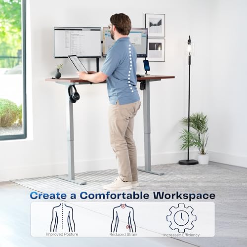 Image of VIVO Dark Walnut 55 x 28 in Standing Desk, DESK-KIT-1G55D | Electric, Holds 220 lbs, Sit Stand, Height Adjustable, Solid One-Piece Table Top, Memory Presets, 1B Series, Gray Frame
