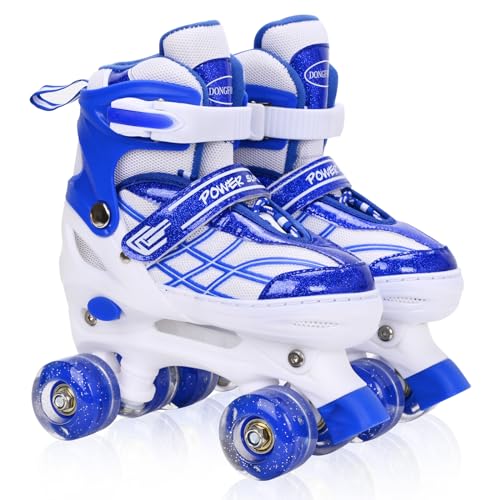 Patines de ruedas para niños y niñas, principiantes, 4 tamaños, ajustables, con todas las ruedas iluminadas, regalo de cumpleaños para deportes en interiores y exteriores, azul, mediano
