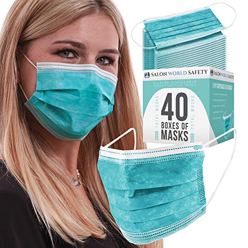 TCP Global Salon World Safety - Aqua Face Masks 40 Boxes (2000 Masks) Breathable Disposable 3-Ply Protective PPE with Nose Clip and Ear Loops