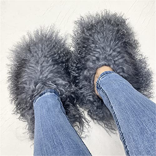 Furinfashion Mss1 Real Mongolian Sheep Fur Slippers Closed Toe For Women Girls Furry Big Fluffy Outdoor Beach Flat Luxury Slides Sliders With Tibetan Fur Long Curly Hair thumb #2