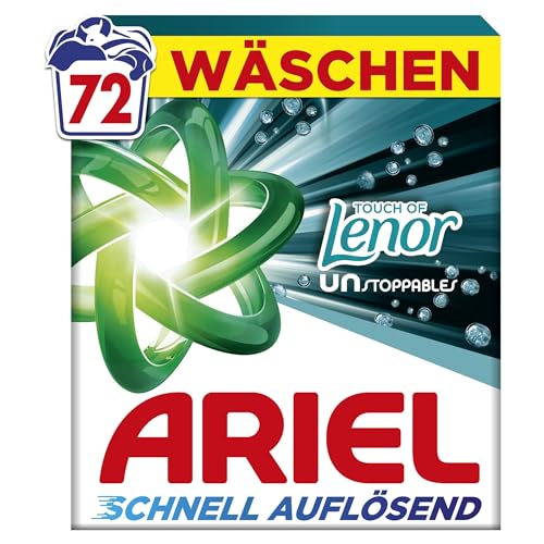 Ariels schnell auflösendes Pulver Waschmittel mit einem Touch of Lenor Unstoppables 72 Wäschen Touch of Lenor Unstoppables Tiefenreinigung für lang anhaltende Frische