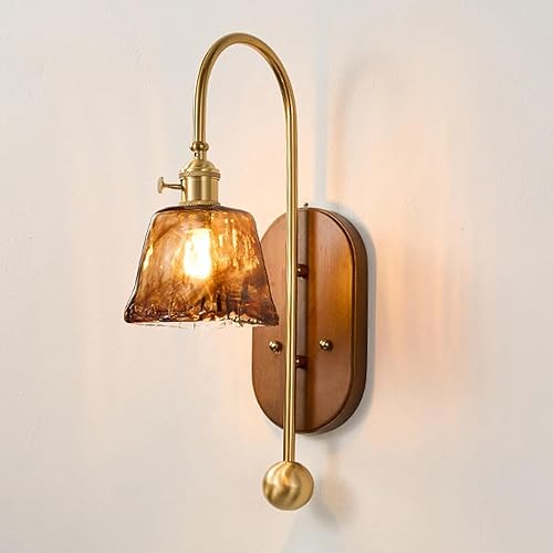 Vintage Wood Wall Sconce Amber Glass Bedside Lamp Hardwired E26E27 Base with Switch Wall Lighting for Bedroom Kitchen Living Room Hallway(A)