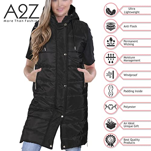 A2Z Ladies Down Vest Oversized Hooded Black Zipped Quilted Gilet Padded Long Line Vest Black Jacket Fashion Coat S-4XL4