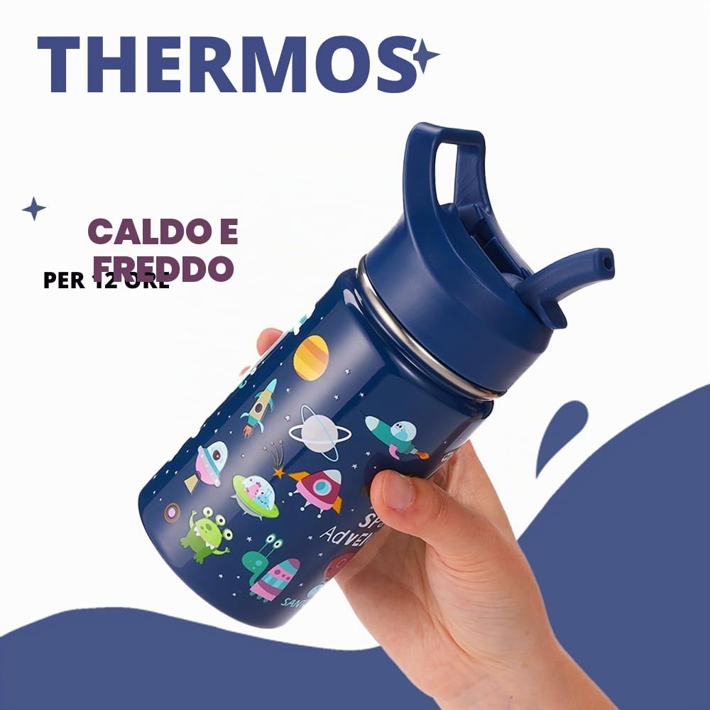 SANTECO borraccia termica con cannuccia 500ml Borraccia Termica Piccola, Acciaio Inossidabile 316, Senza BPA, Facile da Pulire per Scuola/Viaggi/Sport, Blu