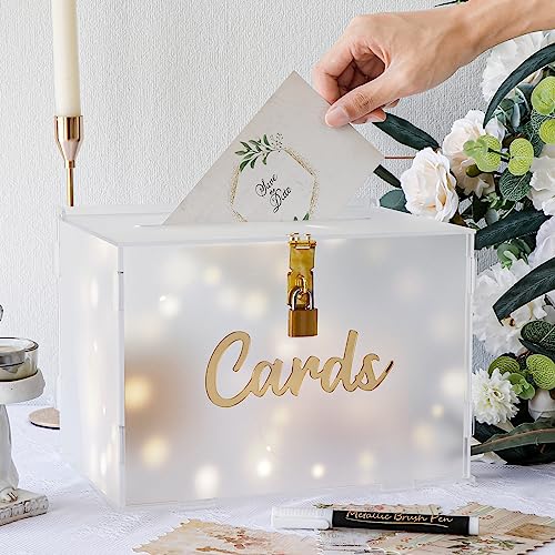 Image of OurWarm Frosted Acrylic Wedding Card Box with Lock, Gift Card Box for Wedding with String Light and Pen, DIY Wedding Envelope Money Card Box for Party Graduation Baby Shower Birthday Decorations