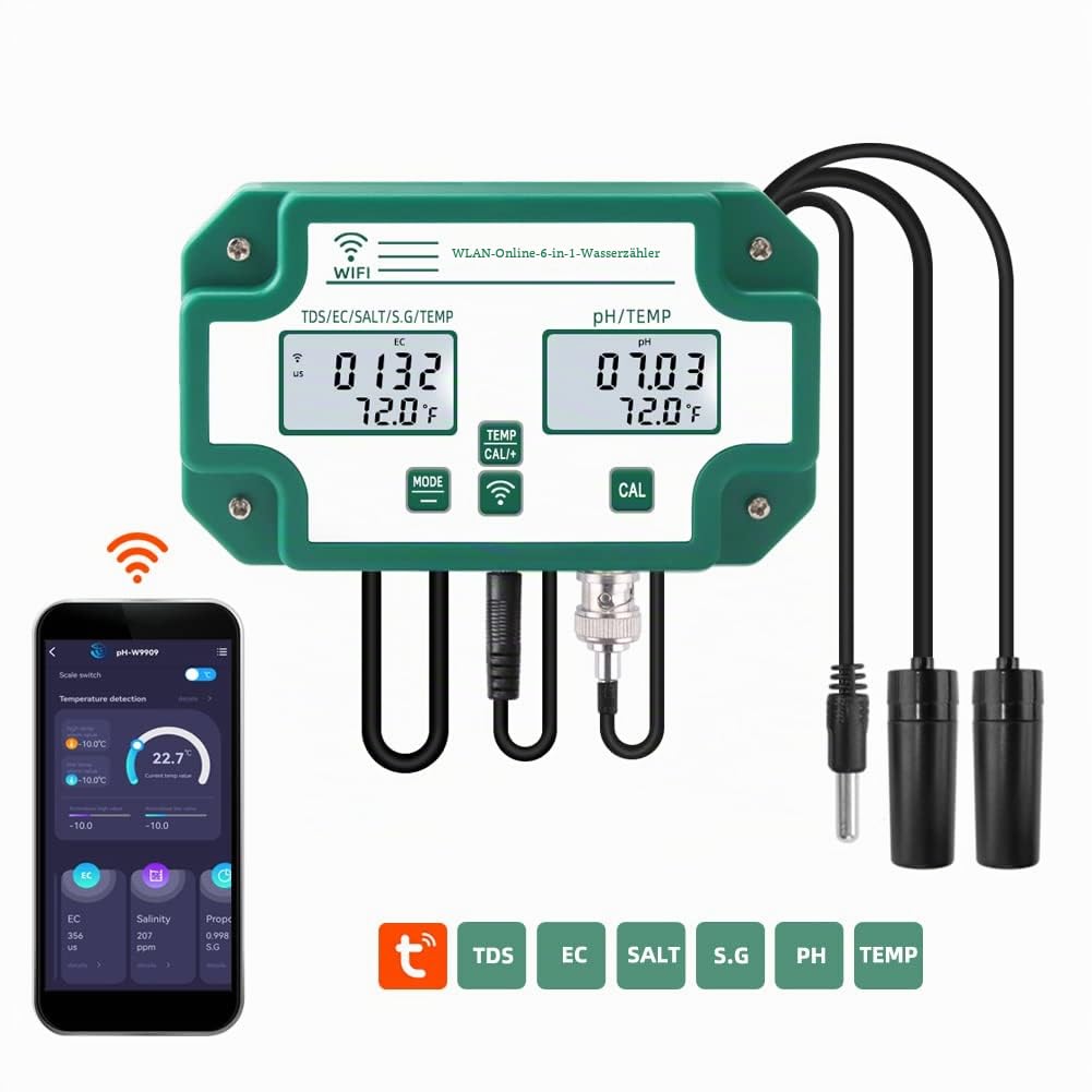 Irfora 6-in-1-Wasserqualitätstester WiFi-Multiparameter-Wasserqualitätsmonitor Digitaler pH-Wert/Gesamtmenge an gelösten Feststoffen/EC/S.G/Salz/Temp-Messgerät für Aquakultur-Schwimmbecken