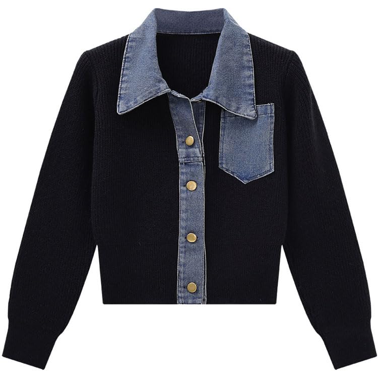 utcoco Women's Denim Patchwork Cropped Cardigan Lapel Button Down Knit Sweater Retro Casual Long Sleeve Outerwear