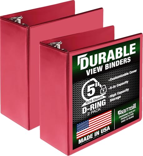 Image of Samsill Durable 5 inch 3 Ring Binder, Locking D Ring 100% Recycled Chipboard, Red, 2 Pack
