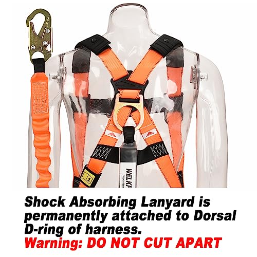 Image of 2-PACK 1D-Ring Industrial Fall Protection Safety Harness with 6-Foot Shock Absorber Stretchable Lanyard | Permanent attached Kit | ANSI Compliant Personal Fall Arrest System(PFAS)