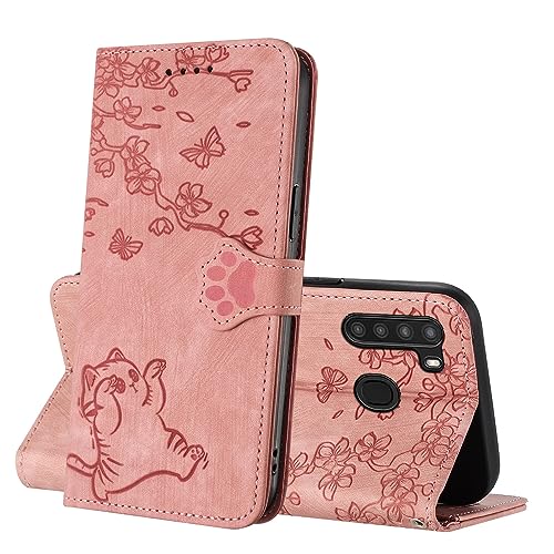 Netany Funda Cartera con Grabado de Gato para Samsung Galaxy A21 Funda Flip Folio de Cuero PU con Cáscara de TPU Ranura Cierre Magnético Soporte Plegable Carcasa para Samsung Galaxy A21 (Rosa)