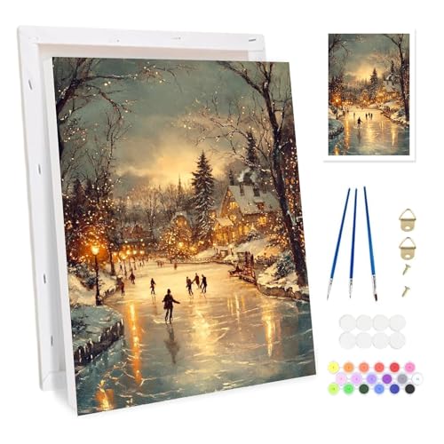 Bowetile Winterdorf Malen nach Zahlen für Erwachsene mit Rahmen DIY Zahlenmalerei Set für Anfänger Leinwand Kit Gemälde Bastelset auf Leinwand mit Pinseln und Acrylpigment für Home Decor 20x30cm