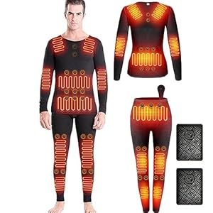 Thermal Underwear Set, 12 Heating Pads+28 Magnetic Stones+4 DC Battery, Base Layer Shirt & Pants for Men Women