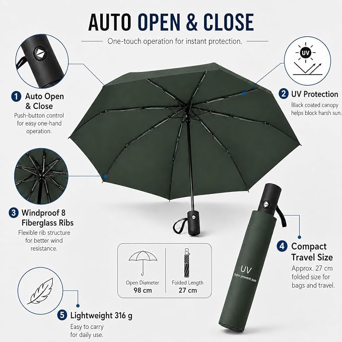 Image of Auto Open Umbrella with Carabiner Hook Handle - 3 Fold Compact Travel Umbrella for Men & Women | Double Fibreglass Wind Resistant Frame | UV Coated Sun & Rain Protection