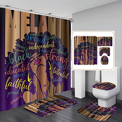 4PCS American African Girl Shower Curtain Sets with Rugs, Toilet Lid Cover and Bath Mat, Inspirational Quotes Girl Shower Curtains with Hooks, Modern Waterproof Fabric Bathroom Shower Curtain Sets