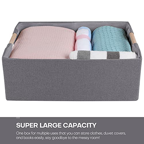 Anminy 2Pcs Storage Bins Set Large Foldable Cotton Linen Open Storage Baskets Box With Wood Handles Decorative Nursery Baby Kid Toy Clothes Towel Laundry Organizer Container Solid Color - Large, Gray #TOP3