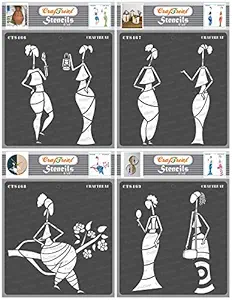 Tribal Figure Stencil - Admiring Nature, Chatting, Sitting on a Branch & Beauty Conscious - Size : 6X6 Inches (4Pcs) - Tribal Art Stencil for Craft - Stencils for Tribal - Stencil Combo Pack