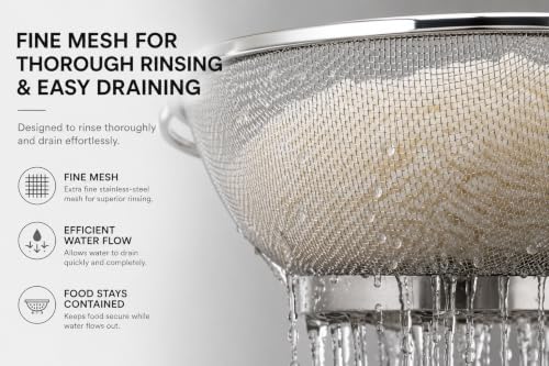 Image of Stainless Steel Mesh Colander 16 cm with Handles | Fine Strainer Basket for Herbs, Berries, Soup & Baby Food | Small Food Drainer | Rust Resistant Kitchen Sieve Bowl | Dishwasher Safe