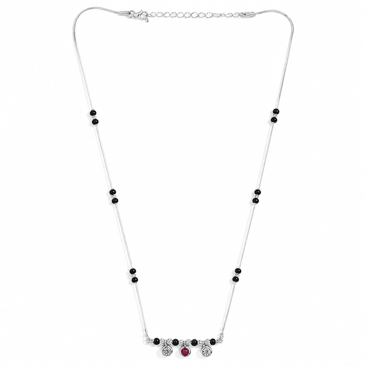 925 Sterling Silver Triple Charm Love Mangalsutra for Women | Rhodium-Plated Chain with Black Beads & Zircon Three-Stone Drop Bar Pendant with Ruby Pink Crystal | Modern Traditional Necklace-image-4