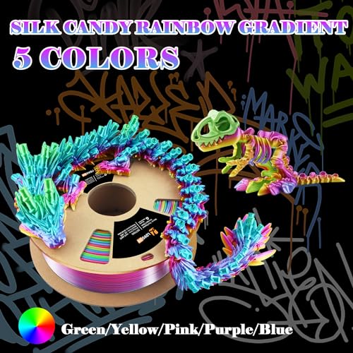 Image of LOVOON Silk PLA 3D Printer Filament, Shiny Rainbow PLA Filament 1.75mm, Color Change by Length PLA 3D Printing Filament, Multicolor Shift Green-Blue-Purple-Pink-Yellow, 1kg (2.2lbs) /Spool