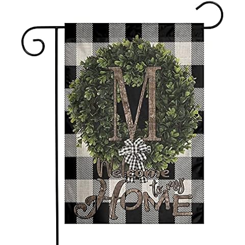 Boxwood Wreath Black And White Plaid Buffalo Check Monogram Initial Name M Burlap Garden Porch Lawn Flag Farmhouse Decorations Mailbox Home Decor Welcome Sign 12x18 Double Sided Nylon Linen Fabric Cover