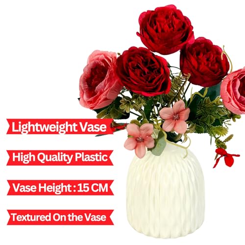 Image of Dekorly Artificial Peony Flowers Bunch | White Vase with Flowers Bunch | Artificial Plants for Home Office Hotel Decor | Bedroom Living Room Bathroom Decor (Red, Height : 30CM)