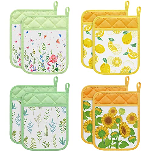 8 Designer Pot Holders - Heat Resistant Lemon Flowers & Sunflower Patterns with Pockets and Loops - Perfect for Kitchen, Oven, and Restaurant Use