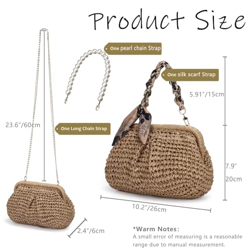 Straw Bag Clutch Purses for Women, Beach Woven Straw Crossbody Handbag with Pearl Chain, Dumpling Wicker Purse3