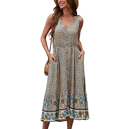 Image of BROVAVE Women Summer Bohemian Floral Print V Neck Sleeveless Sundress Flowy Casual Midi Dress