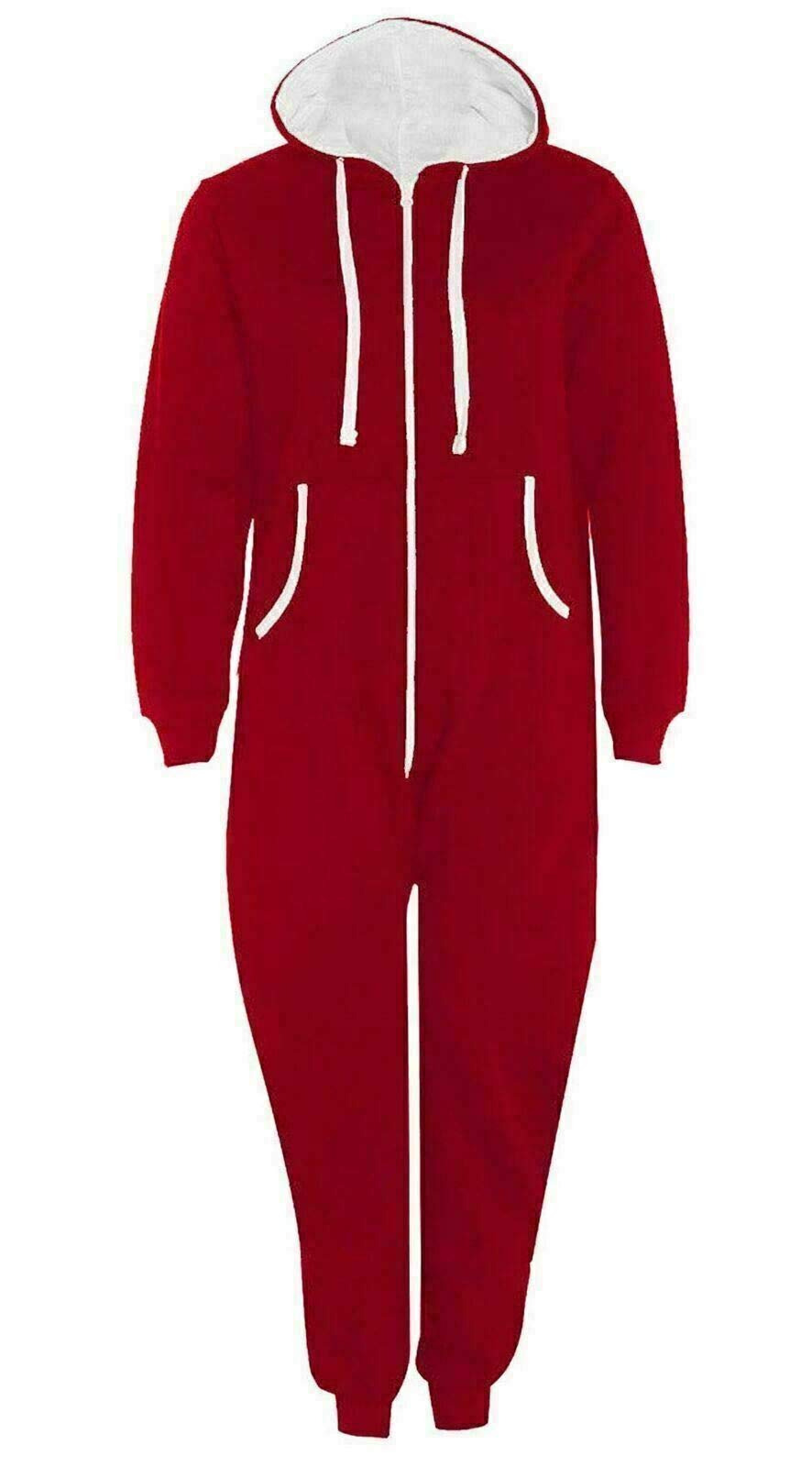 FAIRY TRENDZ LTD Mens Plain Zipper Onesie Unisex Onepiece All in One Hooded Zip Up Overall Jumpsuit Playsuit (Red 5X Large)