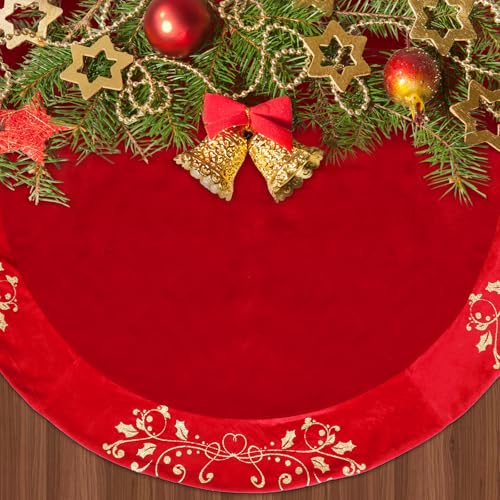 QOUBAI 48inch Christmas Tree Skirt Red Luxury Velvet Plush Fur Tree Skirts Xmas Velvet Tree Skirt with Embroidered Holly Leaves Gold Hot Stamping Tree Xmas Skirt for Christmas Holiday Party Decor
