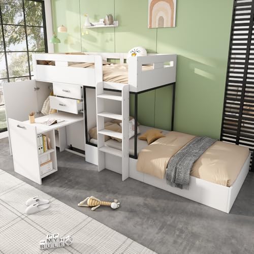 Zepneiy Lit Superposé Enfant 90x200cm avec Bureau Extensible et Porte-Manteau, Lit Enfant avec Tiroirs et échelles, Lit 2 Personnes Multifonctionnel avec...