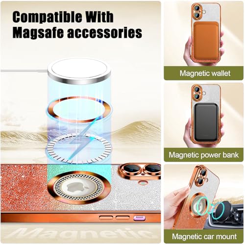 Image of Misscase for iPhone 17 Magnetic Glitter Case Compatible with MagSafe,Full Protection Slim Shockproof Anti-Scratch Case with Camera Lens Protector Plating Bling Dust-Proof Net for Women Orange