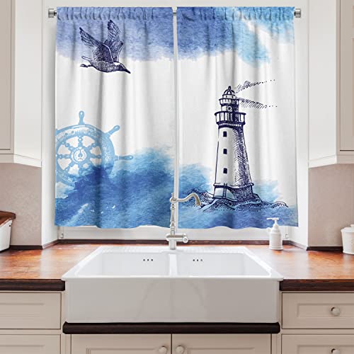 Ambesonne Lighthouse Kitchen Curtains, Nostalgic Watercolors With Gull Anchor Lighthouse Nautical Theme, Window Drapes 2 Panel Set For Kitchen Cafe Decor, 55" X 39", Navy White #TOP1