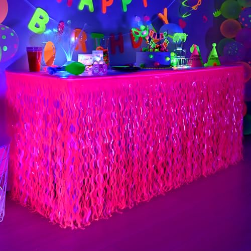 Mega-L Glow in The Dark Party Supplies, 2 Pack Neon Party Decorations Fluorescent Macaron Fuchsia Wavy Metallic Tinsel Foil Fringe Table Skirts, Perfect Table Decors for Glow Party, Birthday Decor