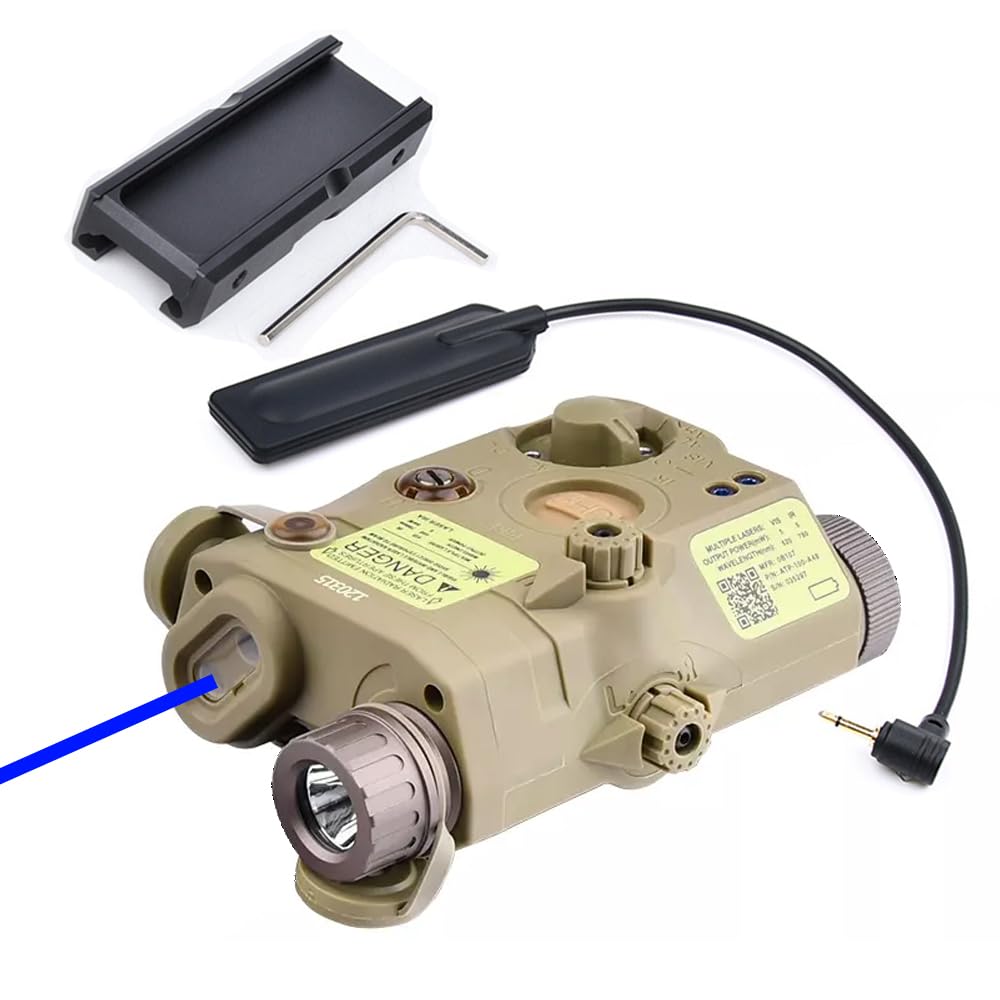 Nylon PEQ15 Box Aiming Laser Sight(with IR + Blue Laser + 200 Lumens White LED Flashlight), with Pressure Switch & Pressure Switch Slot Mount Pocket, for 20mm Rail, Tan