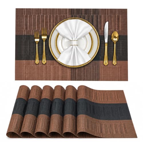 Image of Solitude Set of 6 Dining Table Placemats | Non-Slip PVC Table Mats, Heat Resistant, Washable, Stain-Resistant Surface, (Brown & Black, 45 x 30 cm)