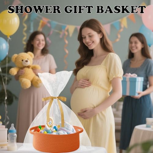 Image of Woven Rope Basket - Baby Gift Basket with Bag & Ribbon, Orange