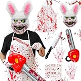 TOSZOLY Horror Hase Kostüm für Herren, Hasenmaske Halloween mit Schürze Blutmesser Handschuhe Wound Tattoos, Bloody Bunny Maske Kostüm für Damen Erwachsene Halloween Karneval Party Cosplay