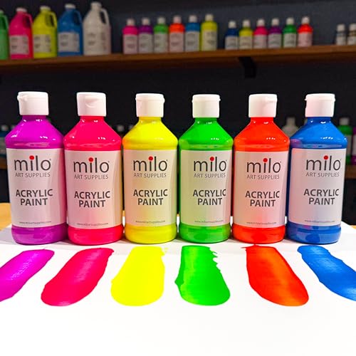 Image of milo Fluorescent Acrylic Paint Set of 6 Colors | 8 oz Bottles | Student Neon Colors Acrylics Painting Pack | Glows UV in Black Light | Non-Toxic Arts & Crafts Paints for Artists & Hobby Painters | Made in USA | Glows in Black Light, AP Certified Non-Toxic, Made in USA, Arts & Crafts Paints for Artists, Student, Hobby Painters, Mixable