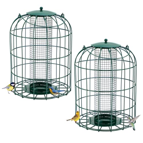 Singhoow 2 Pcs Caged Bird Squirrel Proof Wild Bird Feeders for Outdoors Hanging Mesh Metal Feeders with Large Metal Seed Guard Deterrent, 1.5 Lbs Capacity, Green
