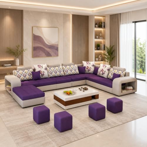 Image of Torque Allister 12 Seater Sofa Set for Living Room (Purple) | Interchangeable U Shape Sectional Sofa | Solid Wood Frame & High-Density Supersoft Foam | Includes Puffy & Stool | Modern Home Furniture
