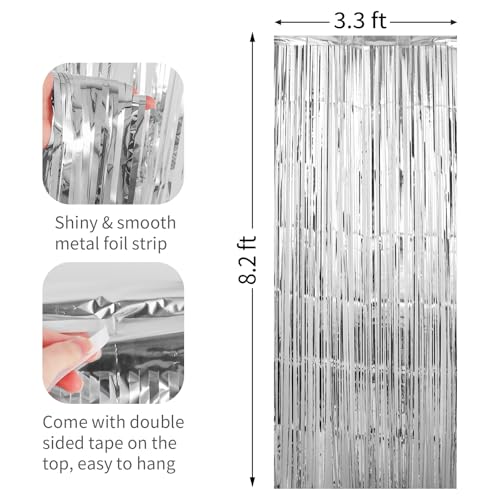 Image of 6 Pack Silver Foil Fringe Curtains Streamers Party Decorations 3.3 x 8.2 ft, Tinsel Curtain Fringe Backdrop for Parties, Silver Door Fringe Birthday Streamers, Photo Booth Backdrops, Party Decor