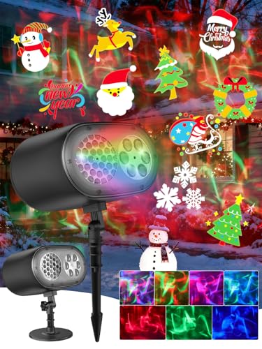 Aqash Proiettore Natale Esterno Luci Halloween Decorazioni – Proiettore LED 2-in-1 con Effetto Onda Oceanica 12 Motivi Dinamici, Telecomando Impermeabile per Decorazioni Festive Casa e Giardino