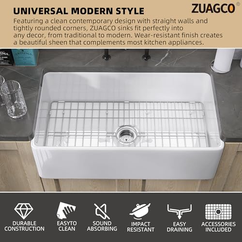 Zuagco White Farmhouse Sink 33 X20 Inch Fireclay Apron Farm Sink Undermount Kitchen Sink Single Bowl White Farmer Sink Extra Wide Large Capacity Deep Kitchen Sink With Accessories thumb #1